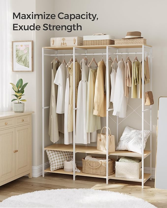 SONGMICS Clothes Rack, Iron and Wood Wardrobe Closet Organizer, Heavy Duty Garment Rack with Hanging Rods, Closet Shelves, Removable Hooks, 15.7 x 55.5 x 70.9 Inches, Natural Beige URGR005W67