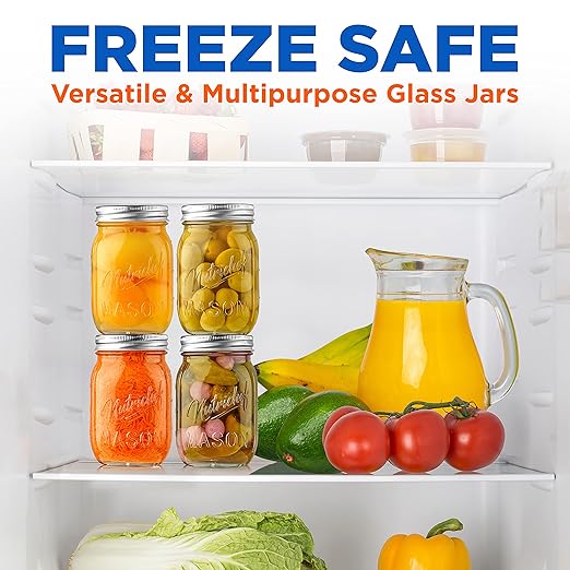 NutriChef 4-Pack 16 oz Mason Jars with Lids - Thick Glass Canning Jars with Stainless Steel Lids - Ideal for DIY Spices, Meal Prep, Overnight Oats, Jelly, Jam, Honey, Candles, Crafts, & More