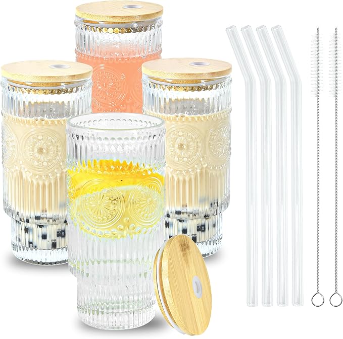 4 Pcs 16 oz Glasses Cups Set with Bamboo Lids Straws Brush Sunflower Glassware Set for Juice Iced Coffee Beer Cocktail Whiskey