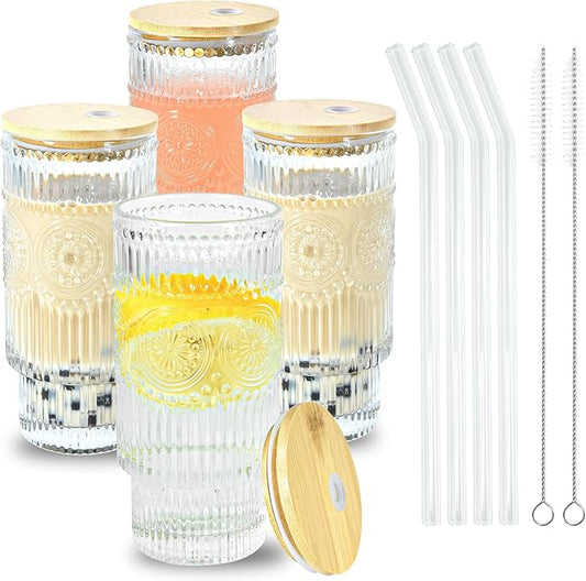 4 Pcs 16 oz Glasses Cups Set with Bamboo Lids Straws Brush Sunflower Glassware Set for Juice Iced Coffee Beer Cocktail Whiskey