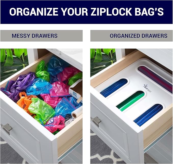 Food Storage Bag Organizer, Plastic Baggie Holder, 4 in 1 Plastic Bag Organizer for Gallon, Quart, Snack & Sandwich, Kitchen Drawer Organizer & Wall Mount Ziplock Bag Holder, White/clear