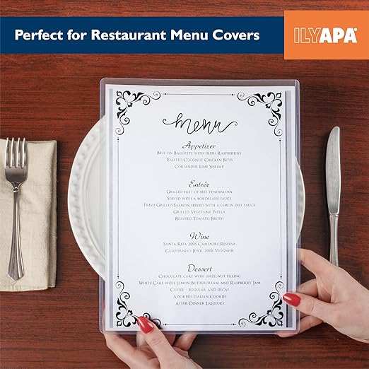 Ilyapa 30 Pack of Menu Covers 8.5 x 11 Inches - Single Page, 2 View - Restaurant Menu Covers, Double Stitched Sleeves, Two Clear Viewing Surfaces