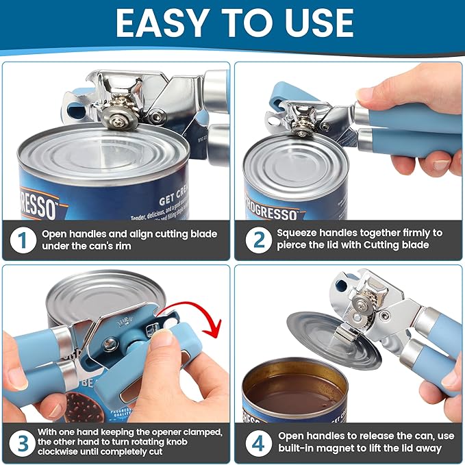 Heavy Duty Manual Can Opener with Magnet and Bottle Opener, Vayvnt Stainless Steel Can Opener, Oversized Handle Easy Use, Multifunctional Kitchen Essentials for Seniors, Sharp Blade&Smooth Edge, Blue