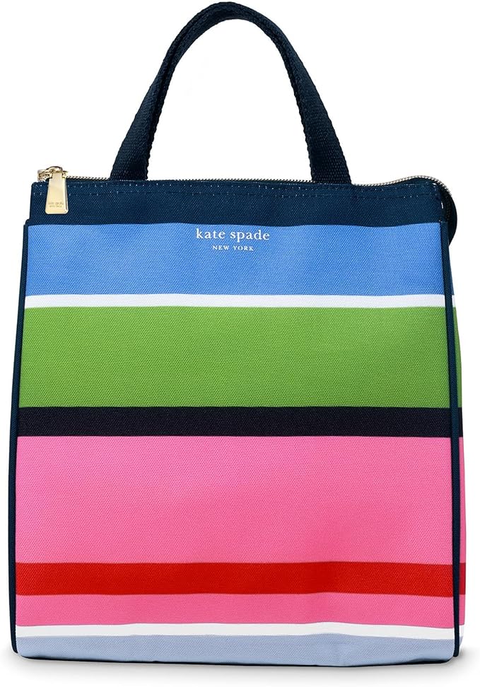 kate spade new york Cute Lunch Bag for Women, Large Capacity Lunch Tote, Adult Lunch Box with Silver Thermal Insulated Interior Lining and Storage Pocket, Sunny Day Stripe