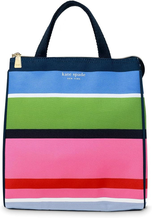 kate spade new york Cute Lunch Bag for Women, Large Capacity Lunch Tote, Adult Lunch Box with Silver Thermal Insulated Interior Lining and Storage Pocket, Sunny Day Stripe