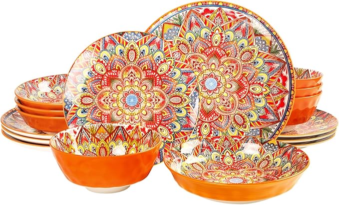 Mandala Dinnerware Sets (16 PCS) Serves for 4, Buffet Dinnerware, Boho Plates and Bowls Set with 8.3" salad Plate 8.6"/10.6"dinner Plate 6.4" bowl, apply Indoor Outdoor Dining