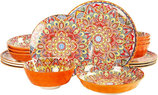 Mandala Dinnerware Sets (16 PCS) Serves for 4, Buffet Dinnerware, Boho Plates and Bowls Set with 8.3" salad Plate 8.6"/10.6"dinner Plate 6.4" bowl, apply Indoor Outdoor Dining