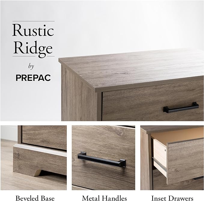 Prepac Rustic Ridge Farmhouse 6-Drawer Double Dresser, Brown Dresser for Bedroom, Chest of Drawers with 6 Storage Drawers, 53.25” wide x 18.25” deep x 28.5” tall, Brown