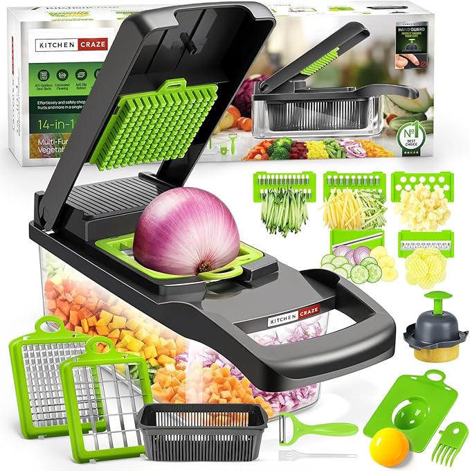Heavy-Duty Vegetable Chopper | 14-IN-1 | Super-Sharp, Ultra-Hardened & Never-Rust Blades | Military-Grade, Chemical-Free & Non-Toxic Materials Construction