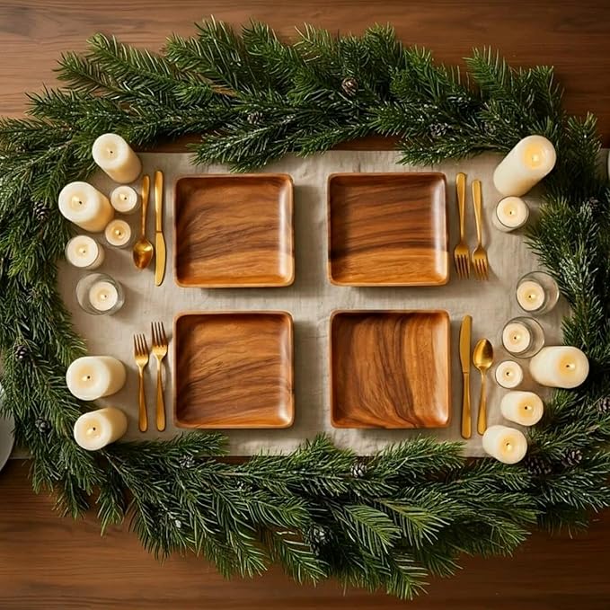 Wooden Plates Set of 4 – 10” Square Acacia Wood Plates, Rustic Dinnerware for Steak, BBQ, Charcuterie, or as Wooden Chargers