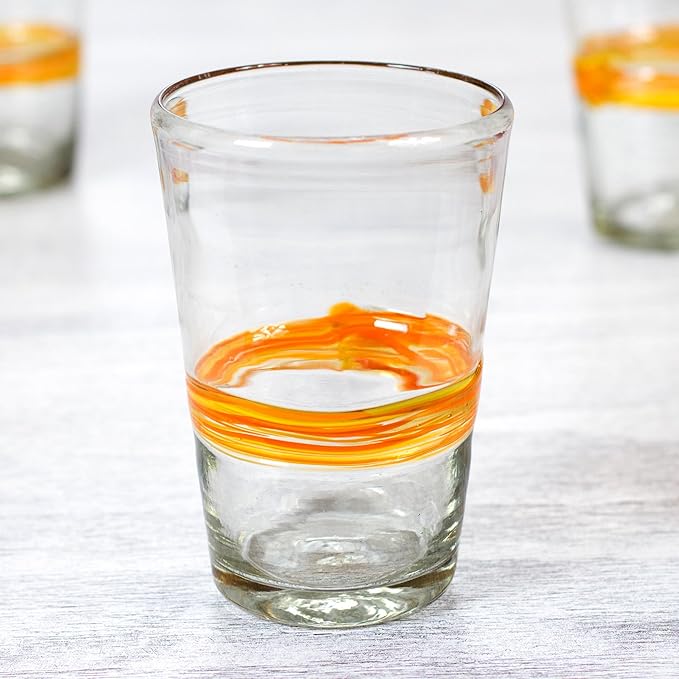 NOVICA Artisan Crafted Yellow Clear Hand Blown Recycled Glass Juice Glasses, 15 Oz. 'Ribbon Of Sunshine' (Set Of 6)