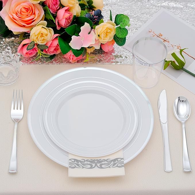 700 PCS Silver Plastic Dinnerware for 100 Guests, Silver Disposable Plate for Party Wedding with 100 Dinner Plates, 100 Dessert Plates, 100 Silverware Set, 100 Cups, 100 Napkins
