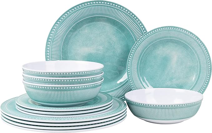 AELS Melamine Dinnerware Set of 12 Pcs, Dinner Dishes Set for Indoor and Outdoor Use, Melamine Plates and Bowls Set for 4, Dishwasher Safe, Lightweight Unbreakable, BPA Free, Green