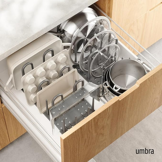 Peggy Kitchen Drawer Cupboard Organizer Tray - Adjustable Storage System for Food Containers, Cookware, Serveware, Utensils and More, Grey