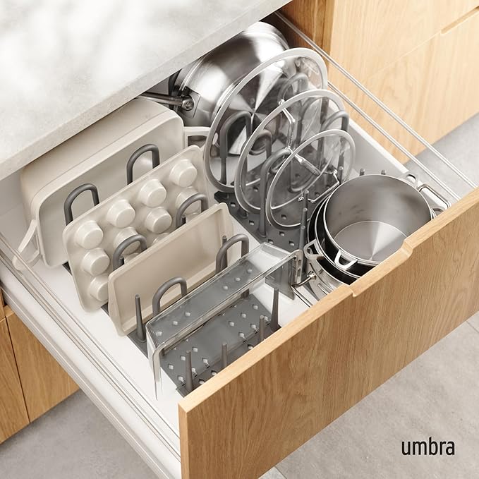 Umbra Peggy Kitchen Drawer Cupboard Organizer Tray - Adjustable Storage System For Food Containers, Cookware, Serveware, Utensils and More, Grey (Pack of 6)