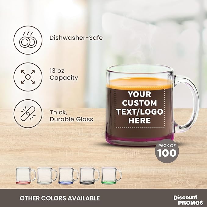 Custom Libbey Clear Glass Coffee Mugs 13 oz. Set of 100, Personalized Bulk Pack - Perfect for Coffee, Tea, Espresso, Hot Cocoa, Other Beverages - Pink Bottom