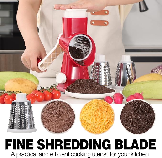 Cheese Grater Cheese Shredder with 3 Interchangeable Blades, Rotary Cheese Grater Manual Vegetable Slicer with Non-slip Suction Base Peanut Nuts Grinder Vegetable Shredder Red