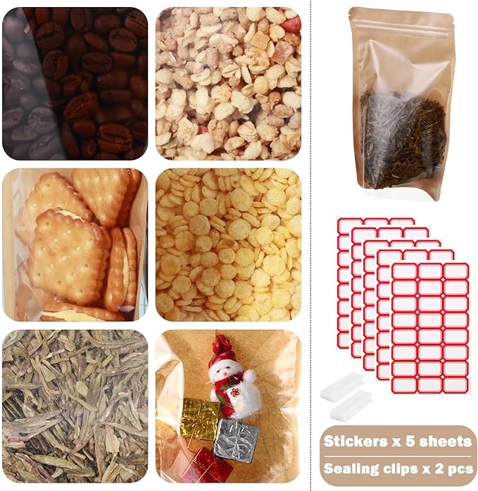 150-pack 5.9” x 8.7” Stand Up Kraft Paper Mylar Bags with Clear Window Resealable Foil Pouches for Food Storage Smell Proof Edible Packaging Bag for Small Business, Bulk