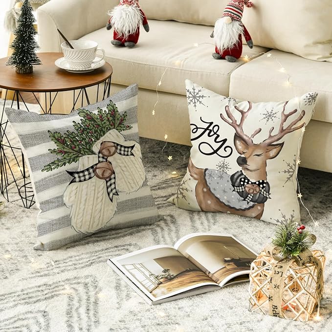 AVOIN colorlife Christmas Snowman Reindeer Gloves Eucalyptus Throw Pillow Covers, 16 x 16 Inch Winter Holiday Stripes Cushion Case Decoration for Sofa Couch Set of 4