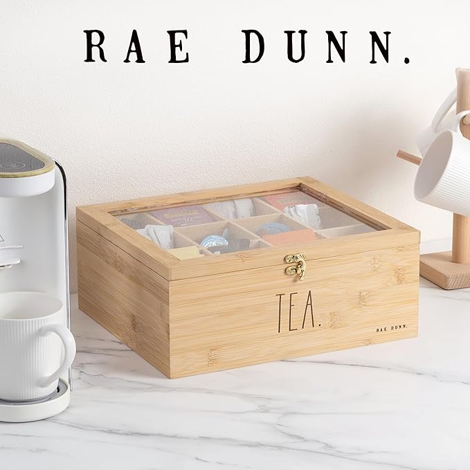 Rae Dunn Tea Bag Organizer - Tea Box Divided Storage Container Box with Hinge Lid for Kitchen Cabinet, Countertop, Pantry, Hold Coffee Pods, Seasoning Packets, Condiments, Bamboo