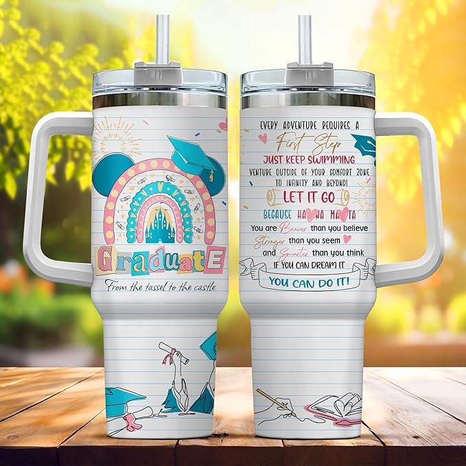 Graduation Castle Adventure, Tumbler 40 Oz With Handle Lid And Straw, Graduation Gifts, Tumblers Rainbow Gold Senior White Class Handle Of Purple Royal Teal Blue Heart
