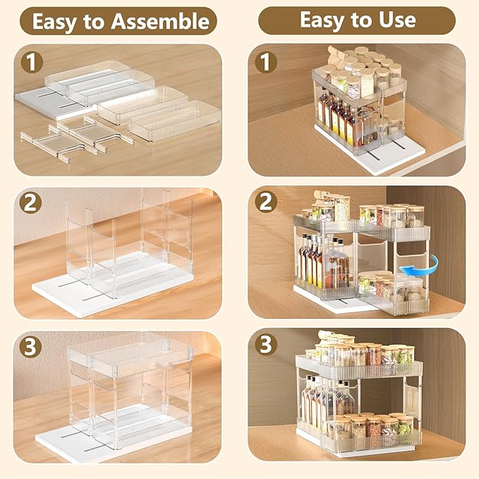 Spice Rack Organizer for Cabinet, 2-Tier Pull Out Seasoning Organizer, Slide & Rotate Spice Storage Rack, Easy to Install Spice Cabinet Organizers, Organizer Shelf for Home and Kitchen Use