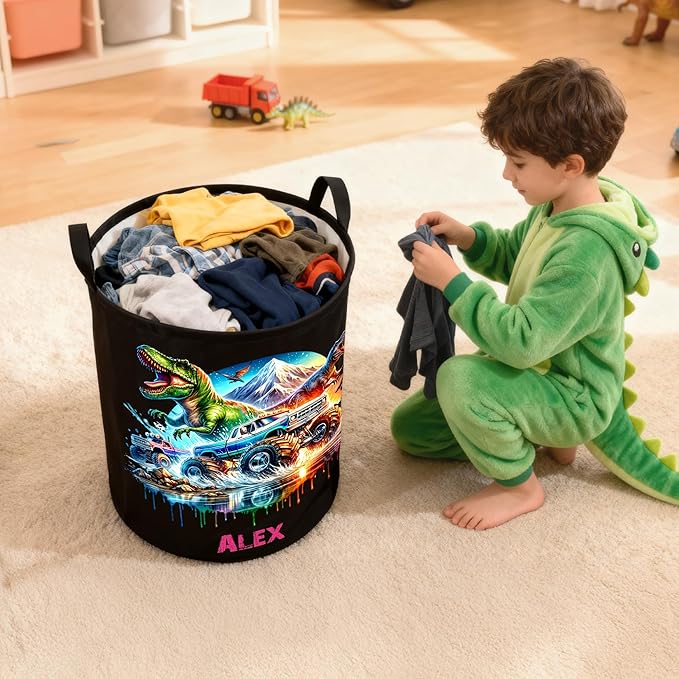 callie Personalized Dinosaur Gifts Truck Laundry Basket for Boys, Waterproof Collapsible Kids Laundry Hamper, Clothes Toys Storage Bin for Bedroom (13.8" x 16.5", 15.7" x 19.6")
