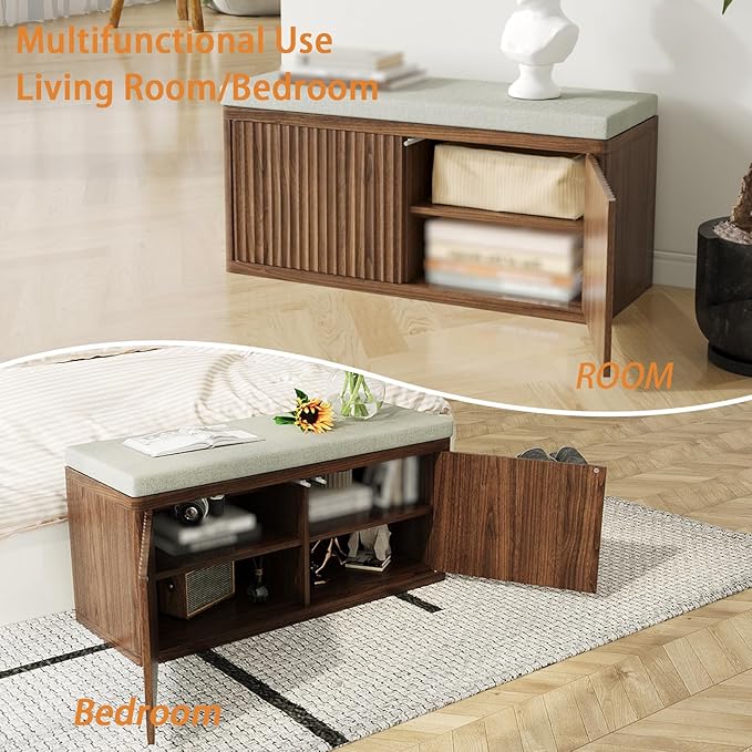 Entryway Shoe Storage Bench with 2" Cushion, 37.4" Small Bench with Shoe Rack, Cabinet Organizer for Hallway，Bedroom End of Bed,Walnut