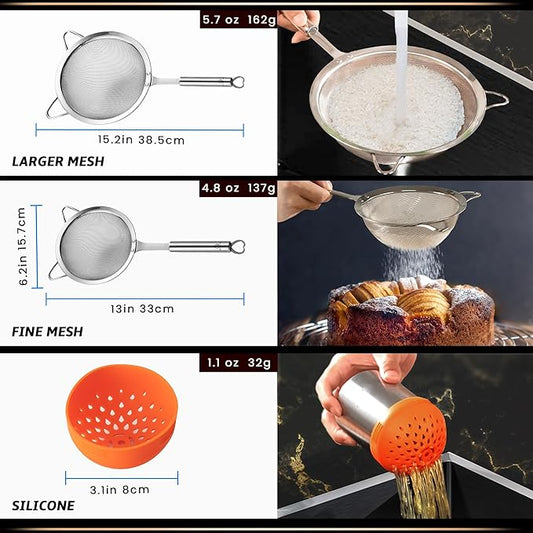 Stainless Steel Fine Mesh Strainer Set – 1 Large Flour Sifter with Sturdy Handle + 1 Small Mesh Sieve for Pasta & Rice + 1 Silicone Can Strainer – Stable, Durable, Dishwasher Safe, 5-Year Warranty