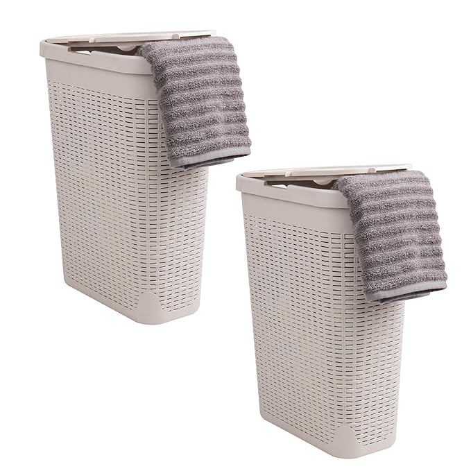 Mind Reader Slim Laundry Hamper with Lid, 40L Clothes Basket, Premium Wicker Design, Plastic, Set of 2, Ivory