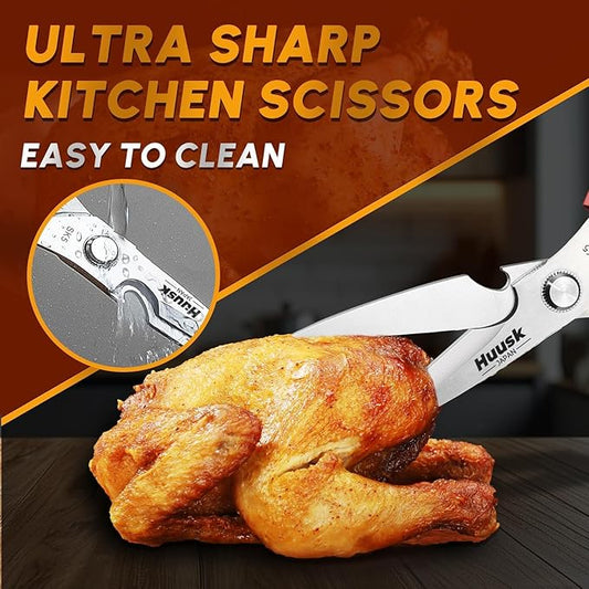 HUUSK Kitchen Scissors for Food - Stainless Steel Kitchen Shears, Sharp Red Meat Scissors Dishwasher Safe, Heavy Duty Poultry Shears, Japanese Cooking Scissor for Chicken, Christmas Gift for Men Women