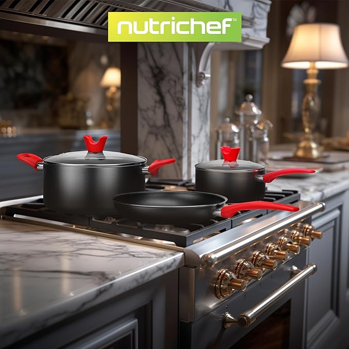 NutriChef Non-Stick Cookware 21-Piece Set, Includes Pots & Pans, Bakeware, & Cooking Utensils w/ Silicone Handles - Complete Set for Gas, Electric, & Ceramic Cooktops - PTFE/PFOA/PFOS Free, Black