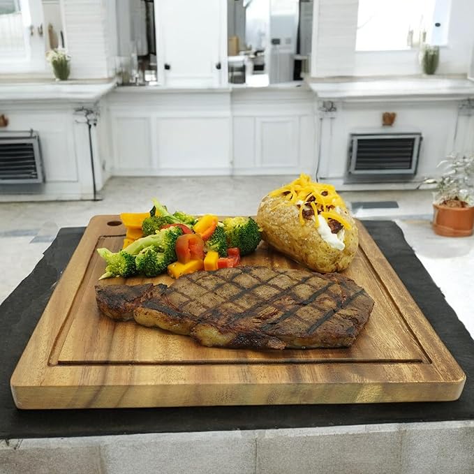 Acacia Wood Steak Plates, Square 12" x 12", Set of 2 Durable Joint Free, Cutting and Serving Board Displaying Continuous Grains of Solid Wood, Perfect for Steak Dinner, with Juice Groove