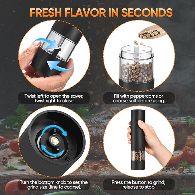 Hxro Electric Salt and Pepper Grinder Set, USB Rechargeable Kitchen Mills with Stand, Black and White, 40ml Capacity, One-Handed Operation, Adjustable Coarseness, 2-Pack