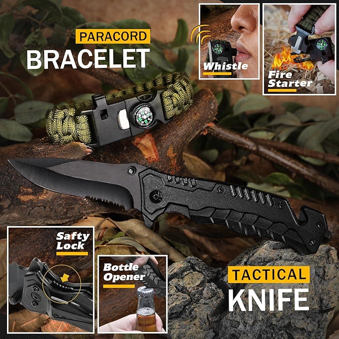 Survival Kit 14 in 1, Survival Gear and Equipment, Gifts for Men Dad Husband Him Christmas, Outdoor Fishing Hunting Camping Anniversary Birthday Gift Ideas for Boyfriend, Unique Mens Stocking Stuffers