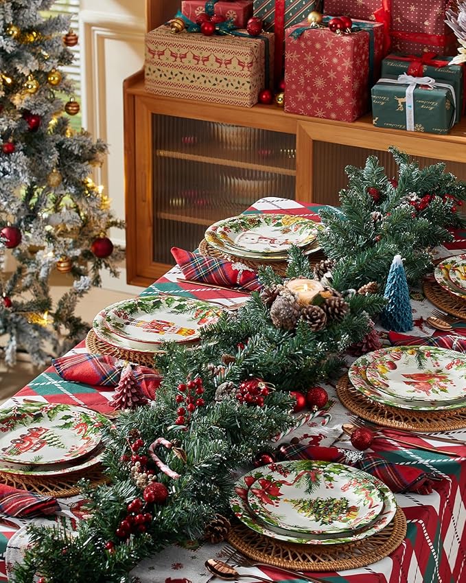 Christmas Salad Plates, 8 Inch Ceramic Plate Set, Appetizer Dishes for Pasta, Side Dishes, Holiday Treats, Dishwasher & Microwave Safe, Set of 6