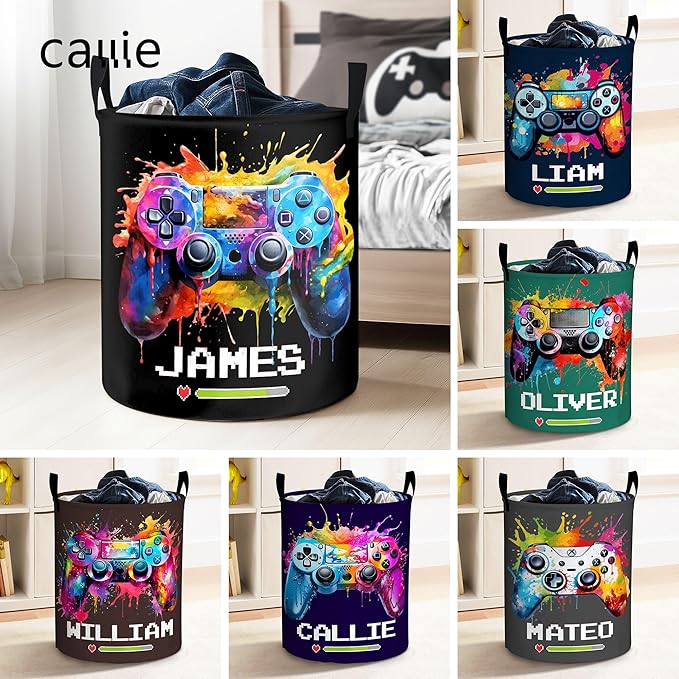 callie Personalized Game Hamper Laundry Basket Toy Storage for Boys, Waterproof Collapsible Dirty Clothes Bin for Kids Bedroom, Gifts for Gamer (13.8" x 16.5", 15.7" x 19.6")