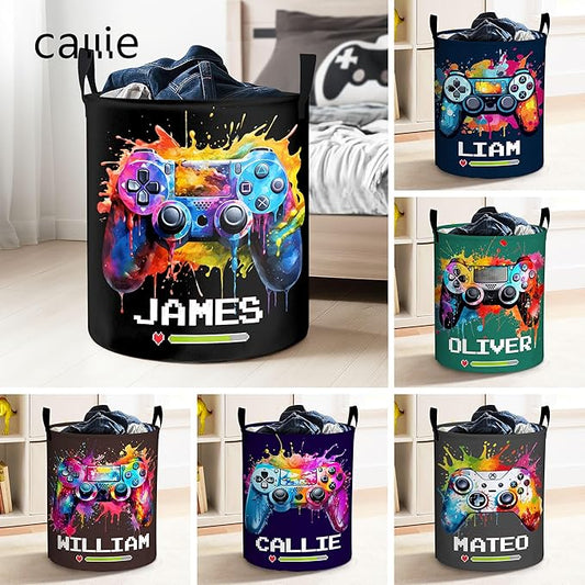callie Personalized Game Hamper Laundry Basket Toy Storage for Boys, Waterproof Collapsible Dirty Clothes Bin for Kids Bedroom, Gifts for Gamer (13.8" x 16.5", 15.7" x 19.6")