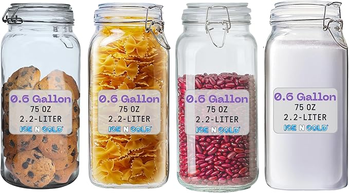 Airtight Glass Storage Jars with Clamp Lid – Food Storage Containers with Rubber Gasket Seal – Pantry & Kitchen Canisters for Dry Goods, Coffee, Sugar, Pasta – 0.4L to 2.2L Sizes (4, 75oz | 2.2L)