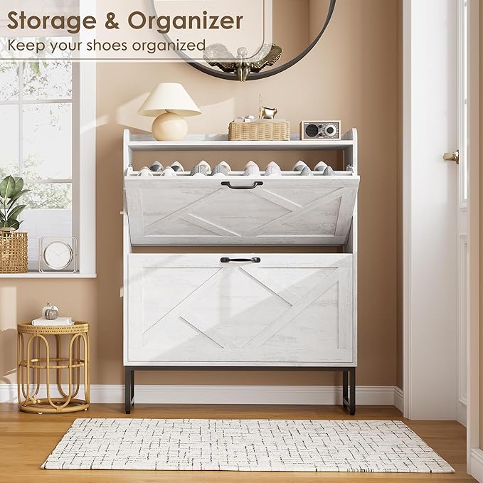 Nicetree Shoe Storage Cabinet with 2 Flip Drawers, Freestanding Shoe Organizer, Shoe Cabinet with Metal Legs, Narrow Shoe Rack Cabinet, Farmhouse Slim Shoe Cabinet for Entryway, Foyer, Hallway, White