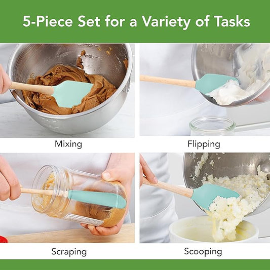 Tovolo Silicone Spatula with Wooden Handle Set of 5 Piece Silicone Kitchen Utensil Set Spoonula Jar Scraper Mini Spatula and Spoonula for Cooking Baking Mixing Folding Aqua Seafoam Green