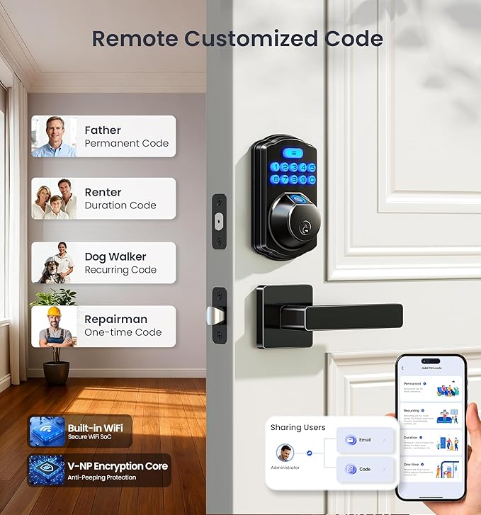 Veise VE012W-L Built-in WiFi Fingerprint Smart Lock with Lever Handle Set, App Remote Control, Keyless Entry for Front Door, Deadbolt Digital Backlit Keypad, Voice Assistant, Auto Lock, Matte Black