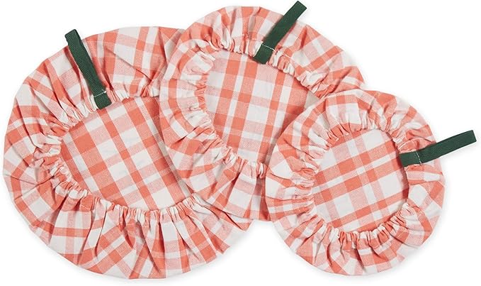DII Reusable Cloth Bowl Cover Collection Machine Washable, Cotton with Elastic Stretch for Food Storage, 10.25"/8.25"/7.5" Diameter, Plaid Coral, 3 Piece
