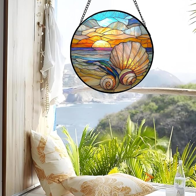 Stained Glass Window Hanging - Colorful Beach Shells Conch Sun Catcher for Door Home Decor Ocean Suncatcher Christmas Mother's Day Birthday Sea Lover Gifts for Women Men Mom Nana 9.8 in