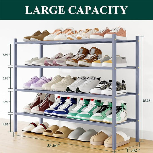 Smiry Shoe Rack, 4 Tier Long Bamboo Shoe Organizer, Stackable Free Standing Wooden Shoe Storage Shelf for Closet, Entryway, Front Door Entrance, Grey