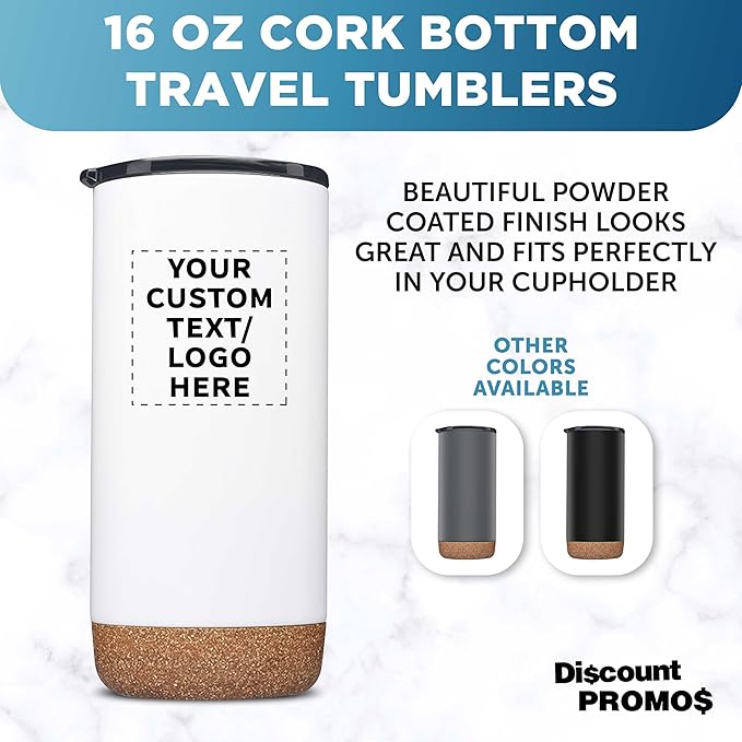 DISCOUNT PROMOS Custom Tumblers Cork Bottom 16 oz Set of 10/50/100 Personalized Bulk Pack Double Wall Insulated Matte Finish Iced Coffee Soda - White