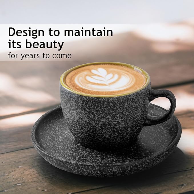 MIAMIO – 6.4 Ounce Ceramic Stackable Cappuccino Cup with Saucers and Metal Stand – Set of 6 Stoneware Cappuccino Mug Set for Specialty Coffee Drinks, Americano, Latte – Las Palmitas Collection