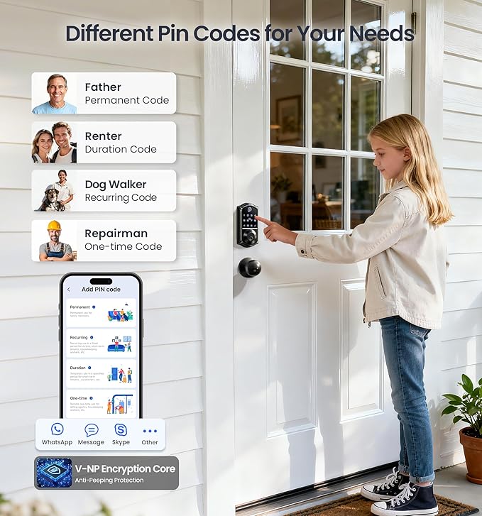 Veise VE017-K Fingerprint Smart Lock with 2 Knobs, App Control, Keyless Entry Front Door Lock with Handle Set, Electronic Digital Touchscreen Keypad Deadbolt, IP55 Waterproof, Auto-Lock, Matte Black
