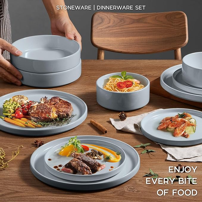Onader Dinnerware sets, 24 Piece Plates and Bowls, Stoneware Kitchen Dinner Dish Set for 6, Ceramic Speckled Dinnerware with Pasta Bowl - Slate Gray