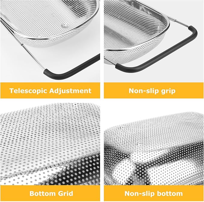 ZDRongZhen Kitchen Accessories Over the Sink Colander Strainer Basket，Stainless Steel Colander with Expandable Rubber Grip Sink Drainer-Rinse Vegetables Fruits &Strain&Drain (Large-Dense round hole)